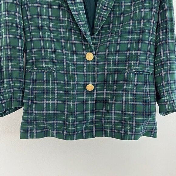 Dana Buchman Vintage 90s Silk Green & Blue Plaid Academia Blazer Petite Size 6 - Picture 7 of 10